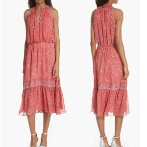 Joie Chara Silk Sleeveless Midi Dress Size XXS Coral Floral Paisley Chiffon